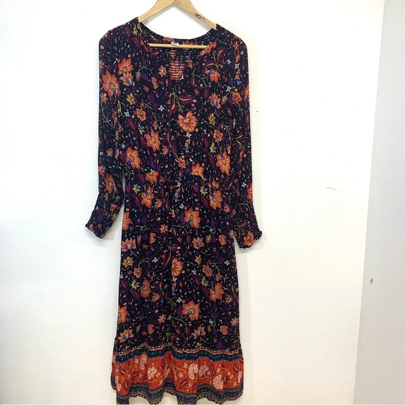 Old Navy Dark Floral Midi Dress Small  Gauzy Cinch Ruffle Fairy Grunge Work Boho - Picture 1 of 11
